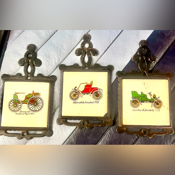 3 cast iron & ceramic vintage antique automobile car tile...